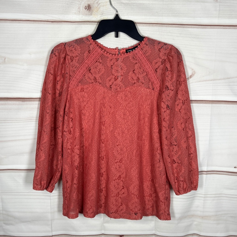 Cable & Gauge Lace Blouse Womens Medium Pink Floral Sheer Overlay Lined Pullover